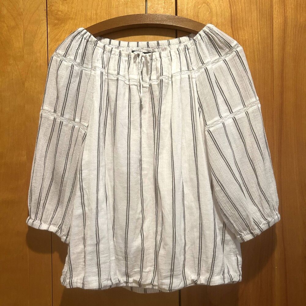 Lauren Ralph Lauren Ivory Stripe Cotton Bubble Hem Blouse-Sz M-Beach-Cottagecore
